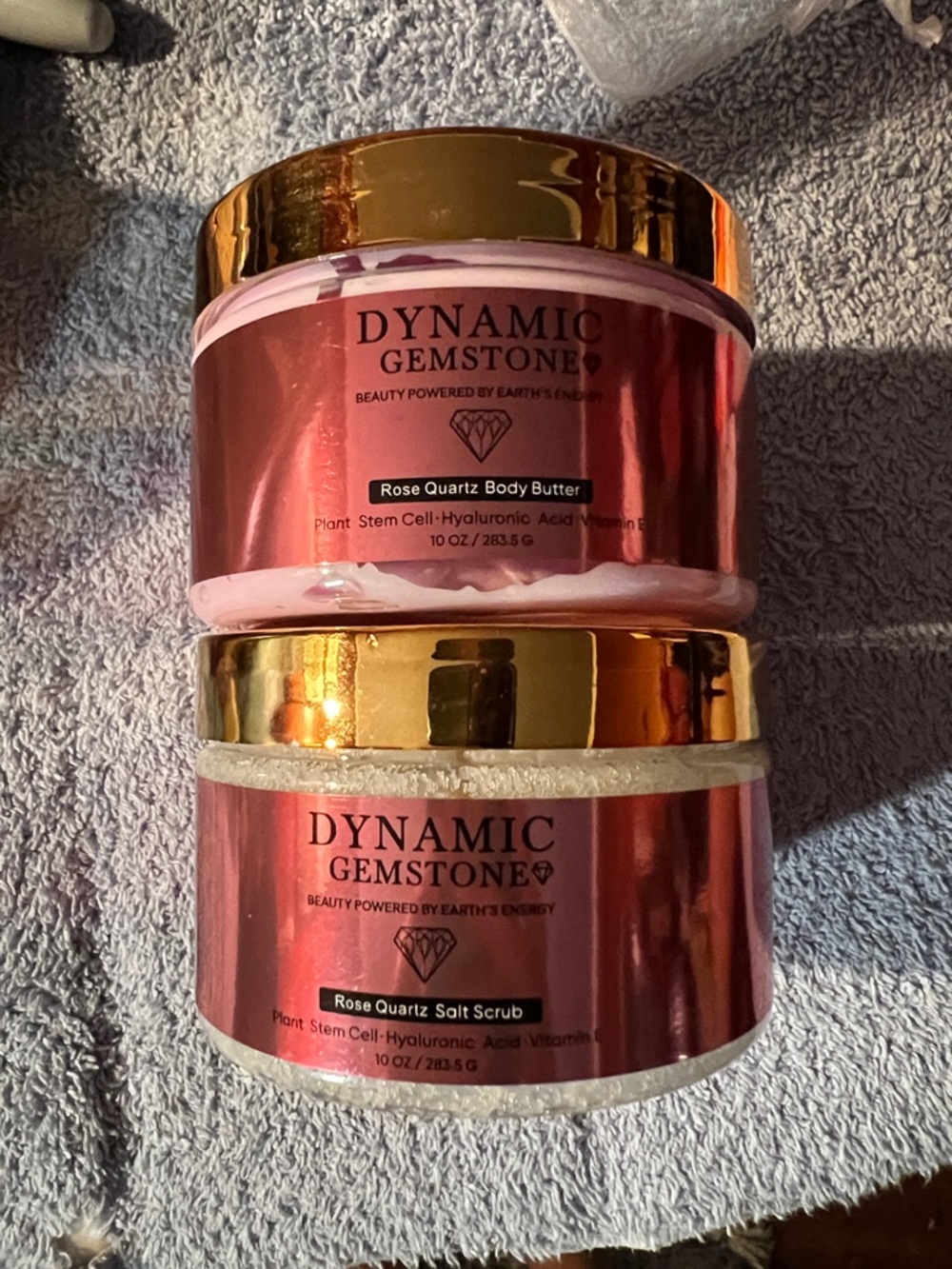 Dynamic Gemstone Rose Quartz Body Butter & Salt Scrub - Pink & Gold Jars